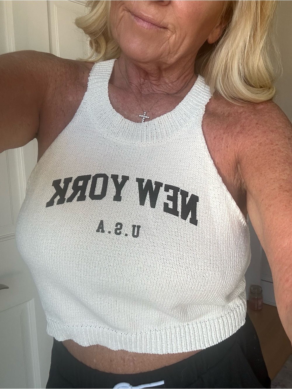 White "New York U.S.A." Knitted Halter Crop Top